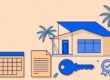 Coastal rental home with palm trees, a calendar, lease, key, and approval seal.