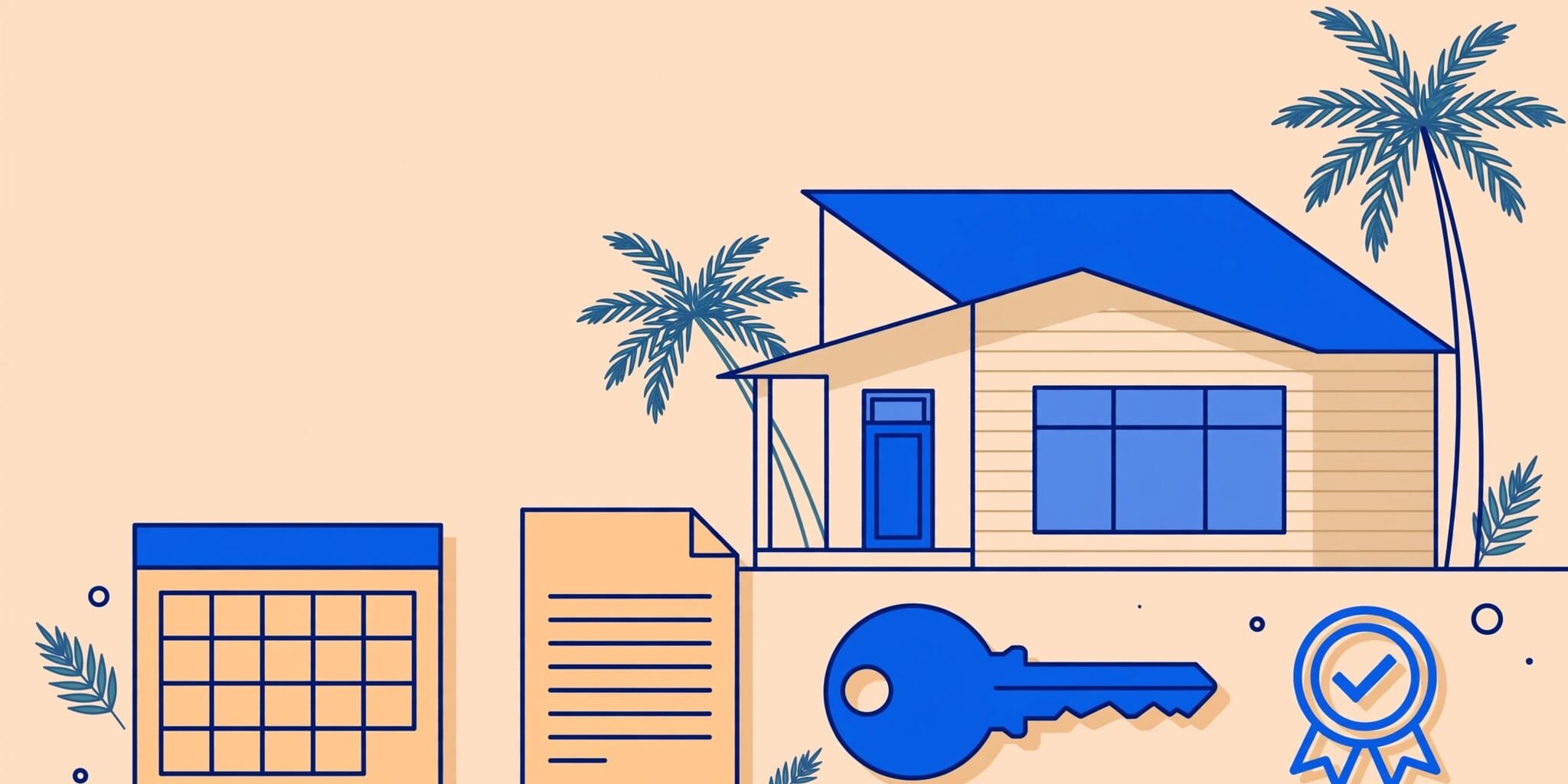 Coastal rental home with palm trees, a calendar, lease, key, and approval seal.