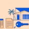 Coastal rental home with palm trees, a calendar, lease, key, and approval seal.