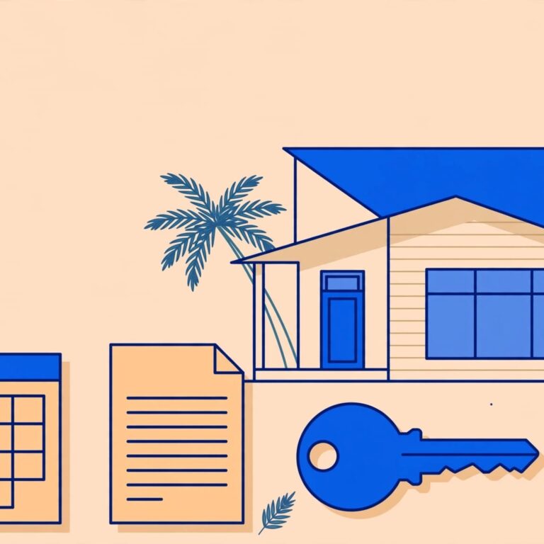Coastal rental home with palm trees, a calendar, lease, key, and approval seal.