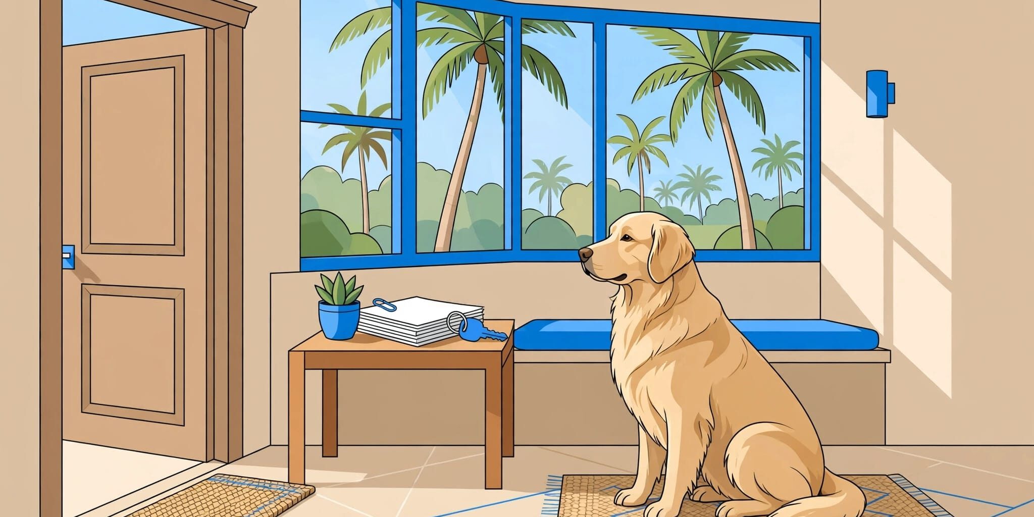A golden retriever sits beside a key and blank forms near a sunny window.