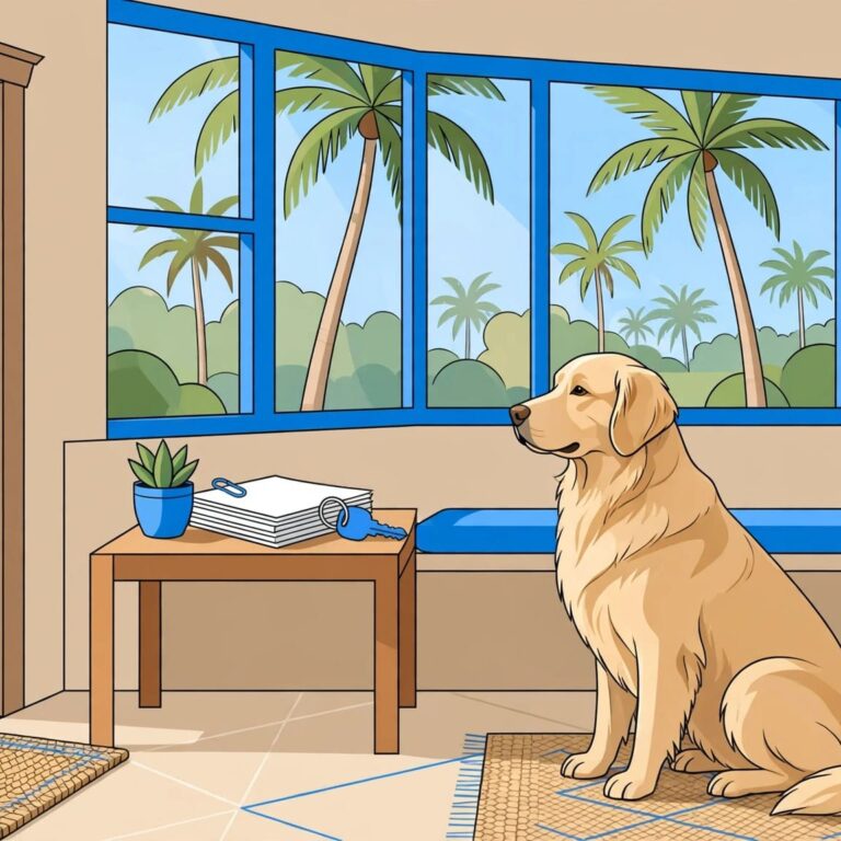 A golden retriever sits beside a key and blank forms near a sunny window.