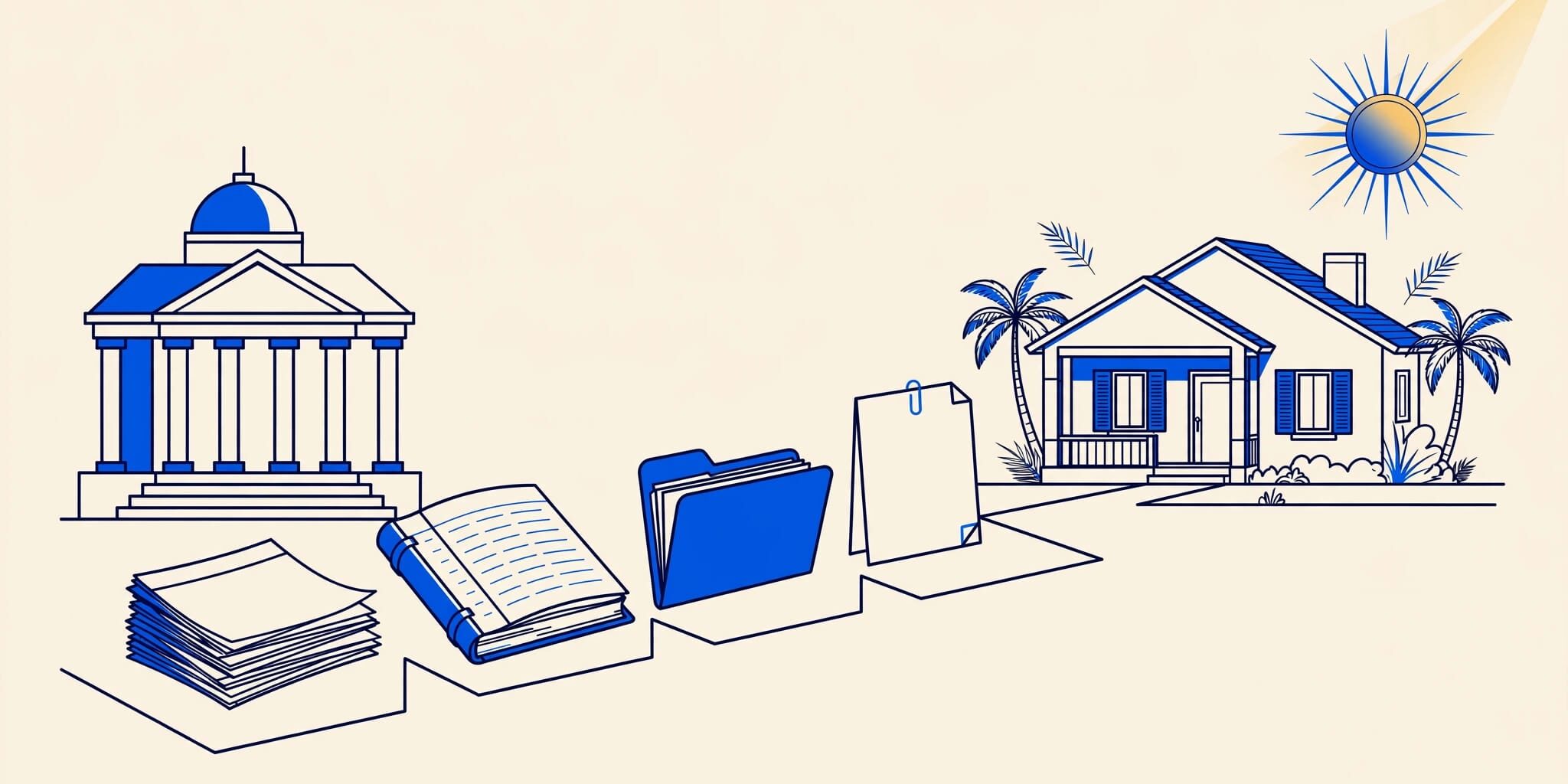 A Florida rental home with legal papers, calendar pages, and a courthouse silhouette.