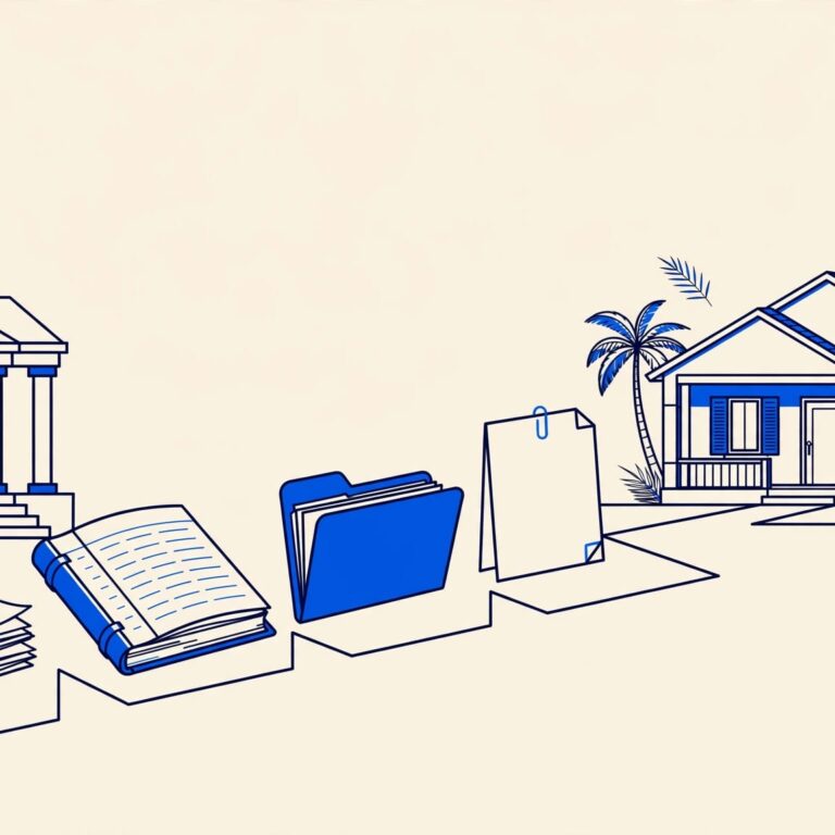 A Florida rental home with legal papers, calendar pages, and a courthouse silhouette.