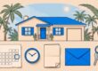 A Florida home stands behind a lease, keys, rent envelope, clock, and calendar.
