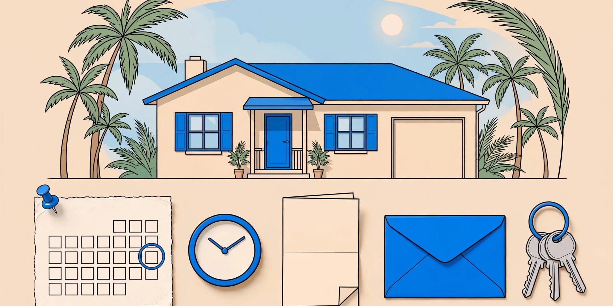 A Florida home stands behind a lease, keys, rent envelope, clock, and calendar.