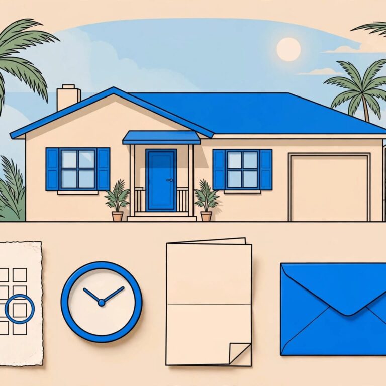 A Florida home stands behind a lease, keys, rent envelope, clock, and calendar.