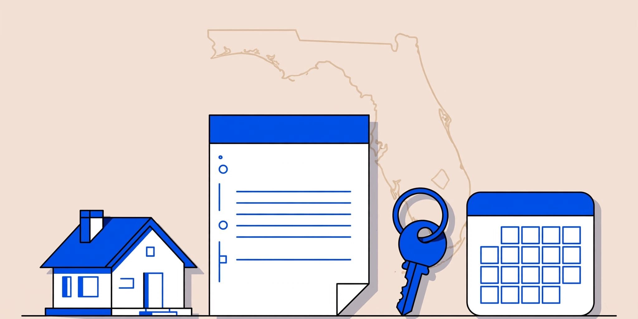 Blank lease, key, and calendar arranged on a desk with a Florida outline.