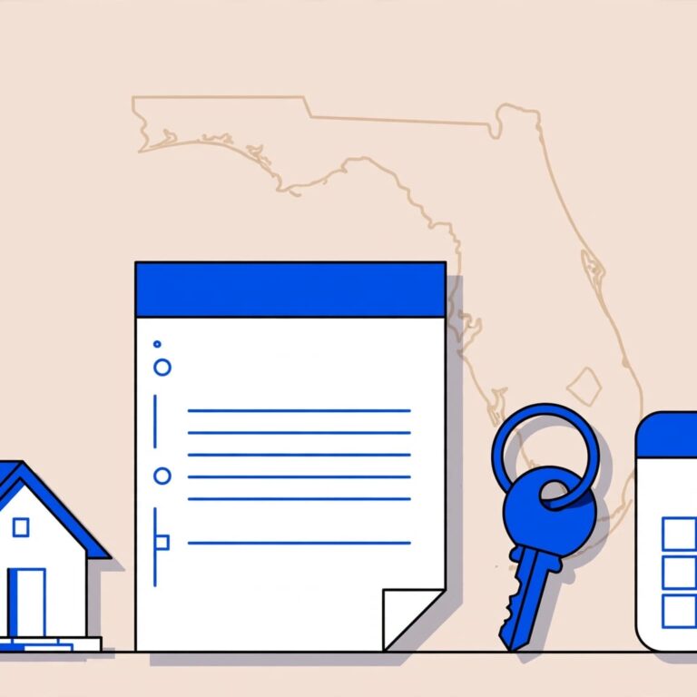 Blank lease, key, and calendar arranged on a desk with a Florida outline.