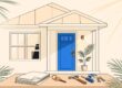 A blue-doored Florida home behind a porch table with a lease, key, and tools.
