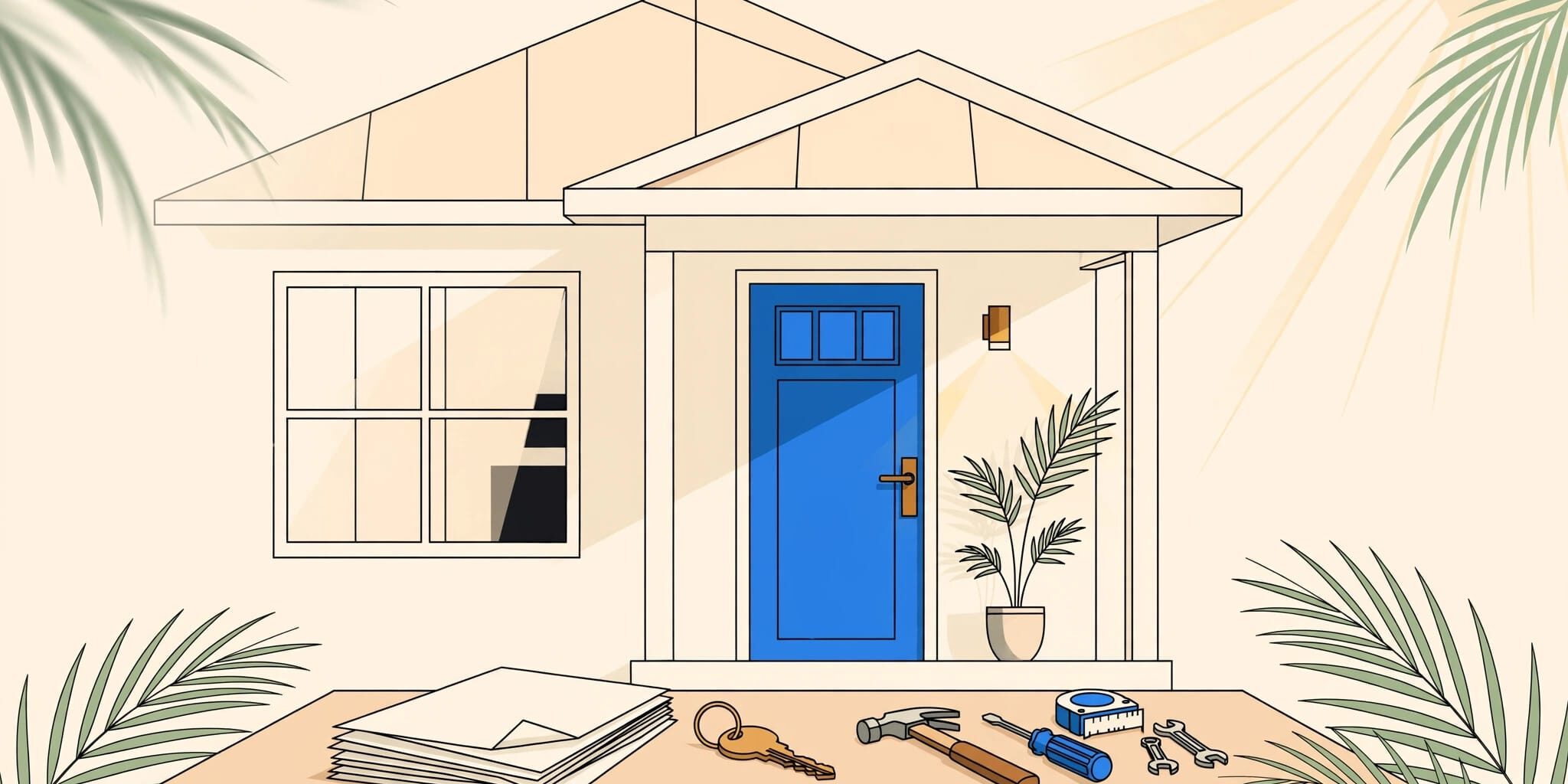 A blue-doored Florida home behind a porch table with a lease, key, and tools.