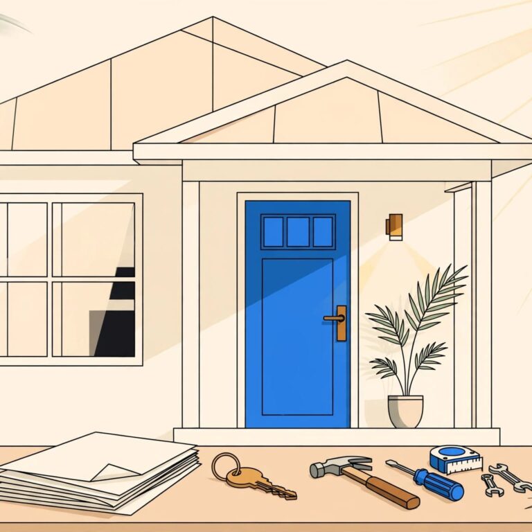 A blue-doored Florida home behind a porch table with a lease, key, and tools.