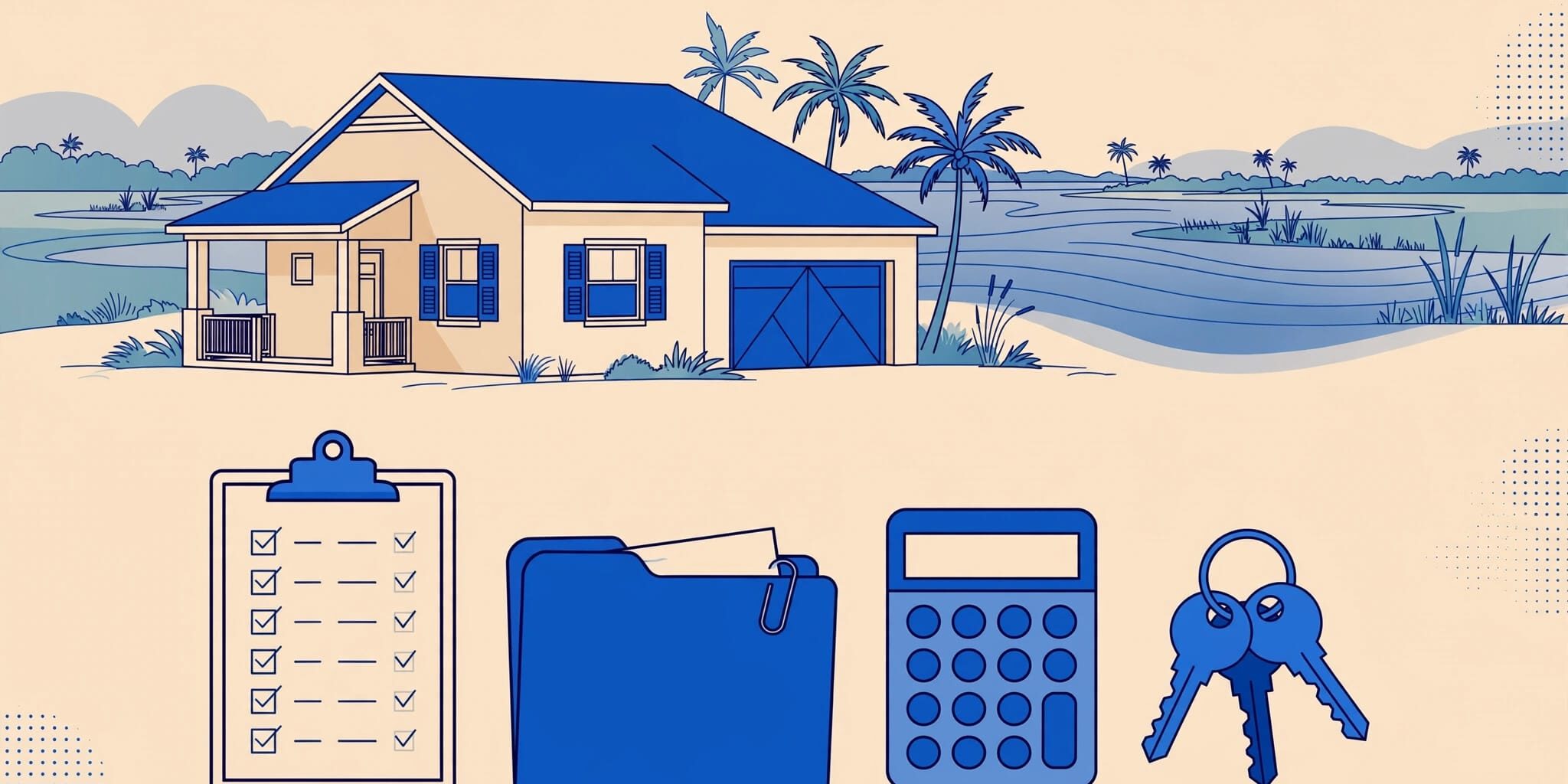 Florida rental home beside a checklist, lease folder, calculator, and keys.