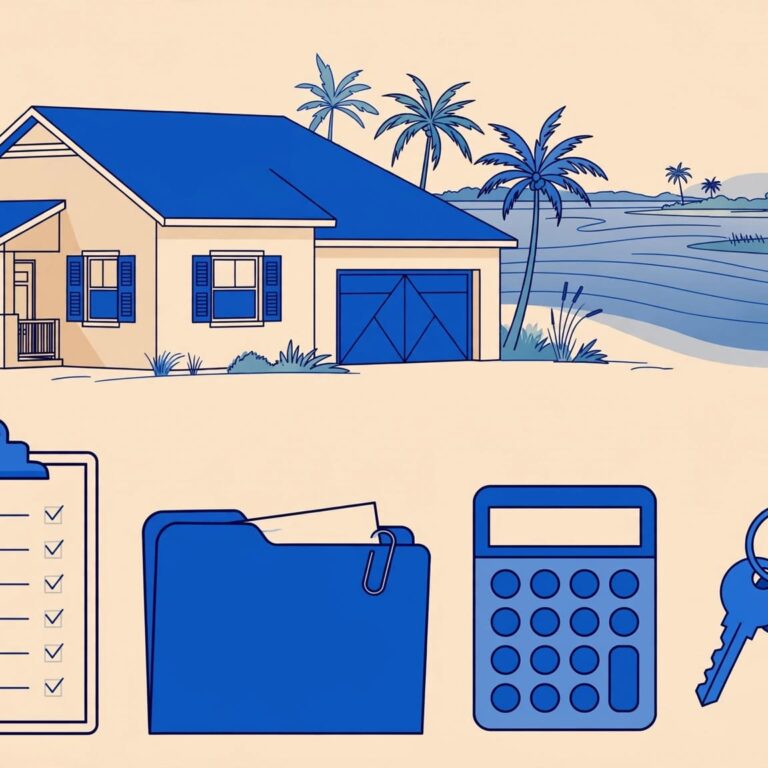 Florida rental home beside a checklist, lease folder, calculator, and keys.
