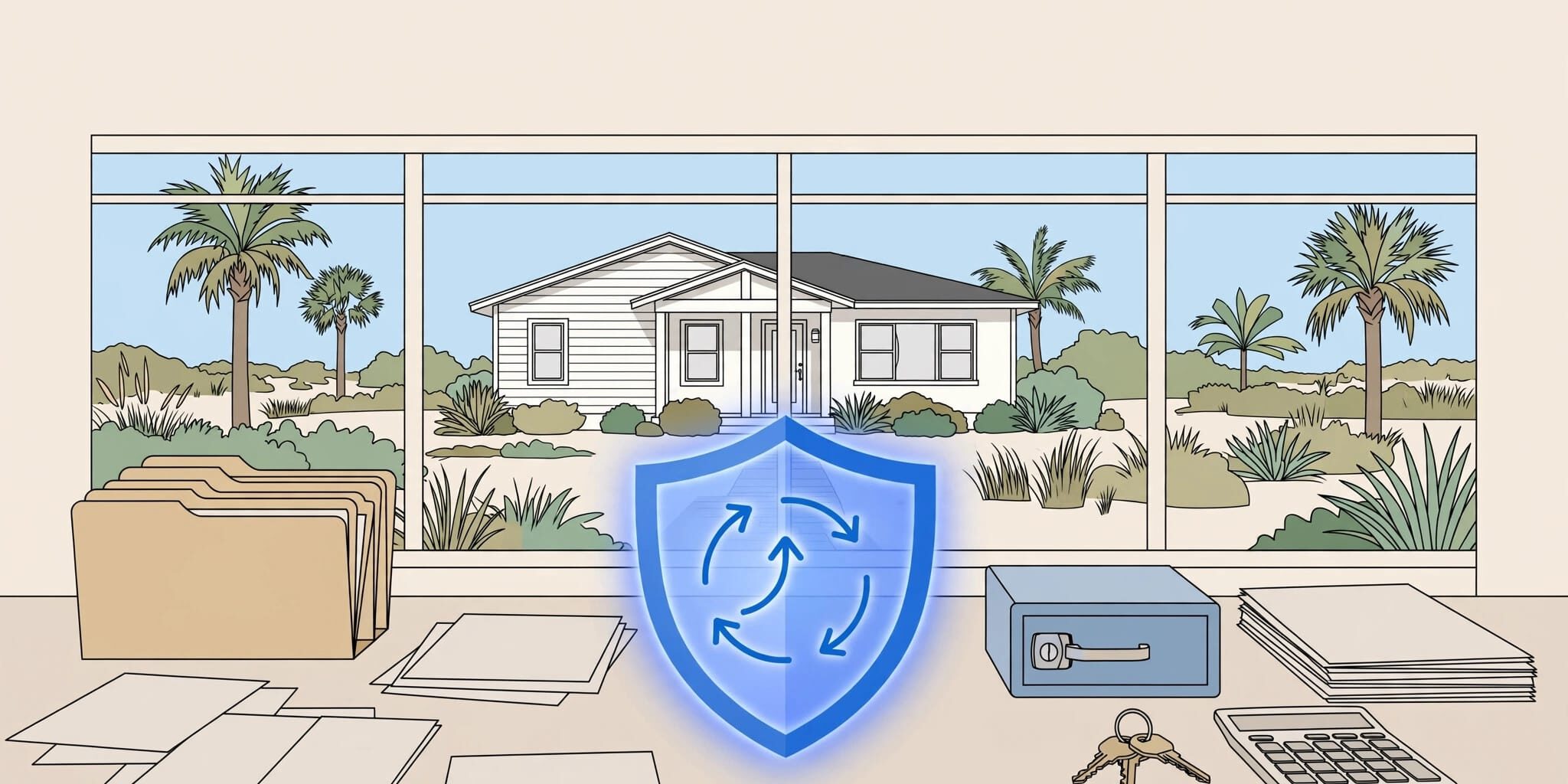 Organized rental records and keys sit on a desk before a Florida home with palm trees.