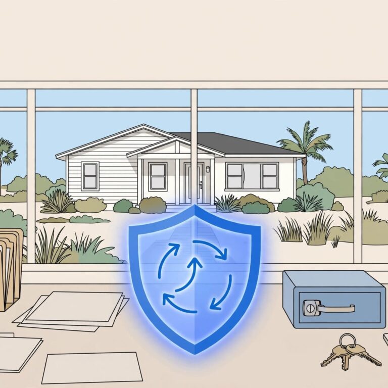 Organized rental records and keys sit on a desk before a Florida home with palm trees.