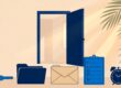 A rental doorway with a key, lease folder, deposit envelope, checklist, and clock.