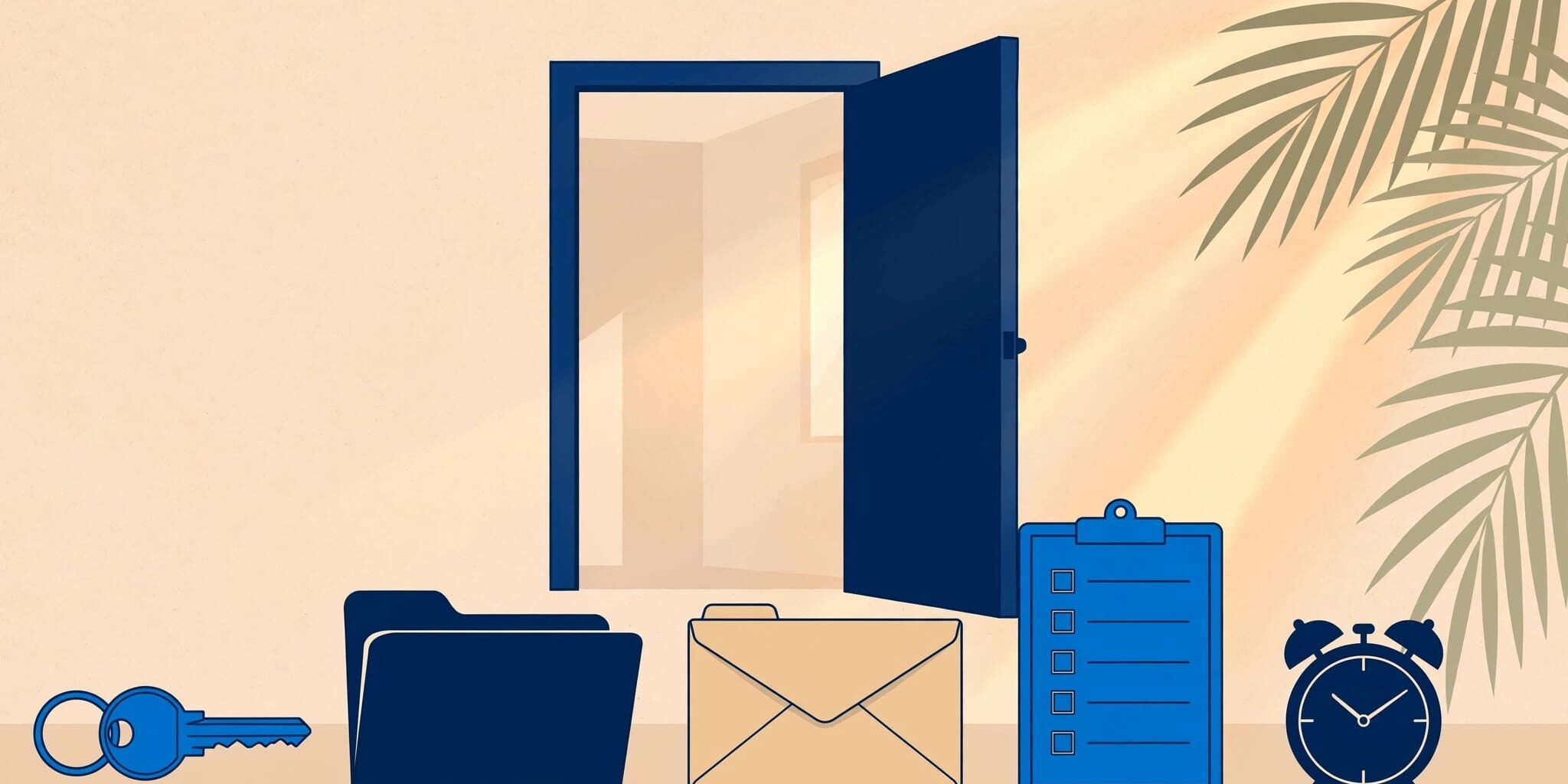 A rental doorway with a key, lease folder, deposit envelope, checklist, and clock.