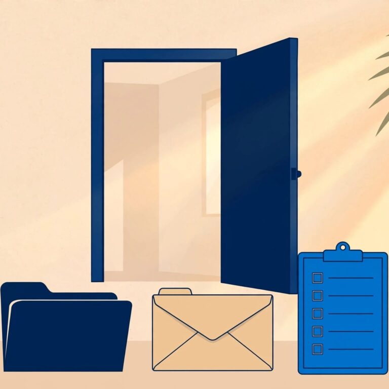 A rental doorway with a key, lease folder, deposit envelope, checklist, and clock.