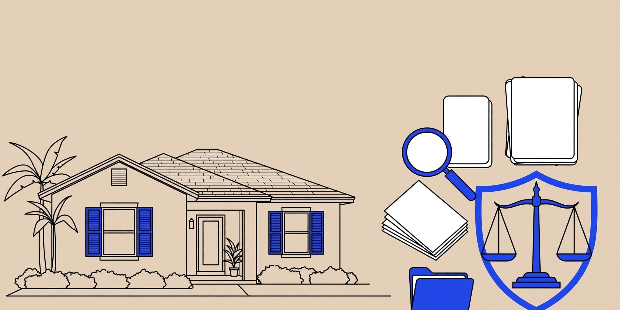 Florida rental home beside screening papers, verification documents, a magnifying glass, and a justice scale.
