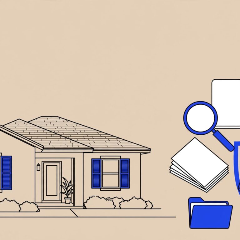 Florida rental home beside screening papers, verification documents, a magnifying glass, and a justice scale.