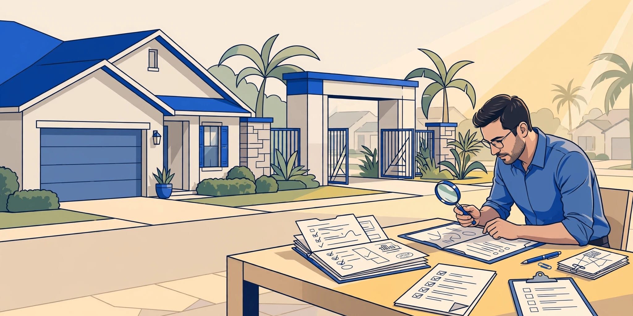 Buyer reviewing HOA documents beside a Florida rental home and community entrance.