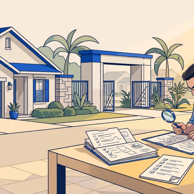 Buyer reviewing HOA documents beside a Florida rental home and community entrance.