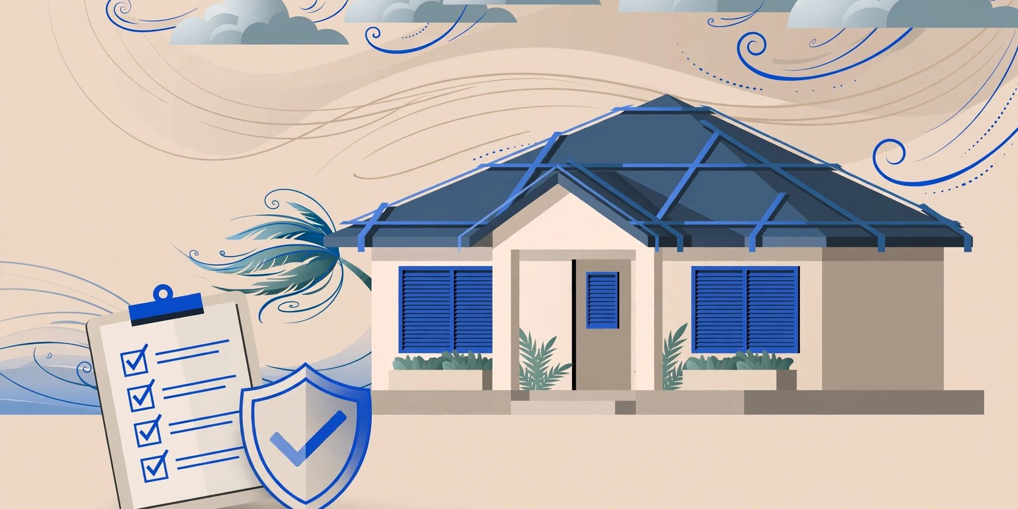 Florida rental home with storm shutters, a reinforced roof, and an insurance clipboard.