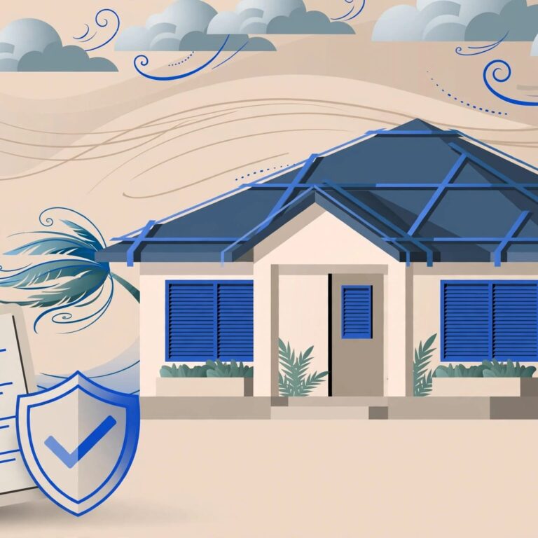 Florida rental home with storm shutters, a reinforced roof, and an insurance clipboard.