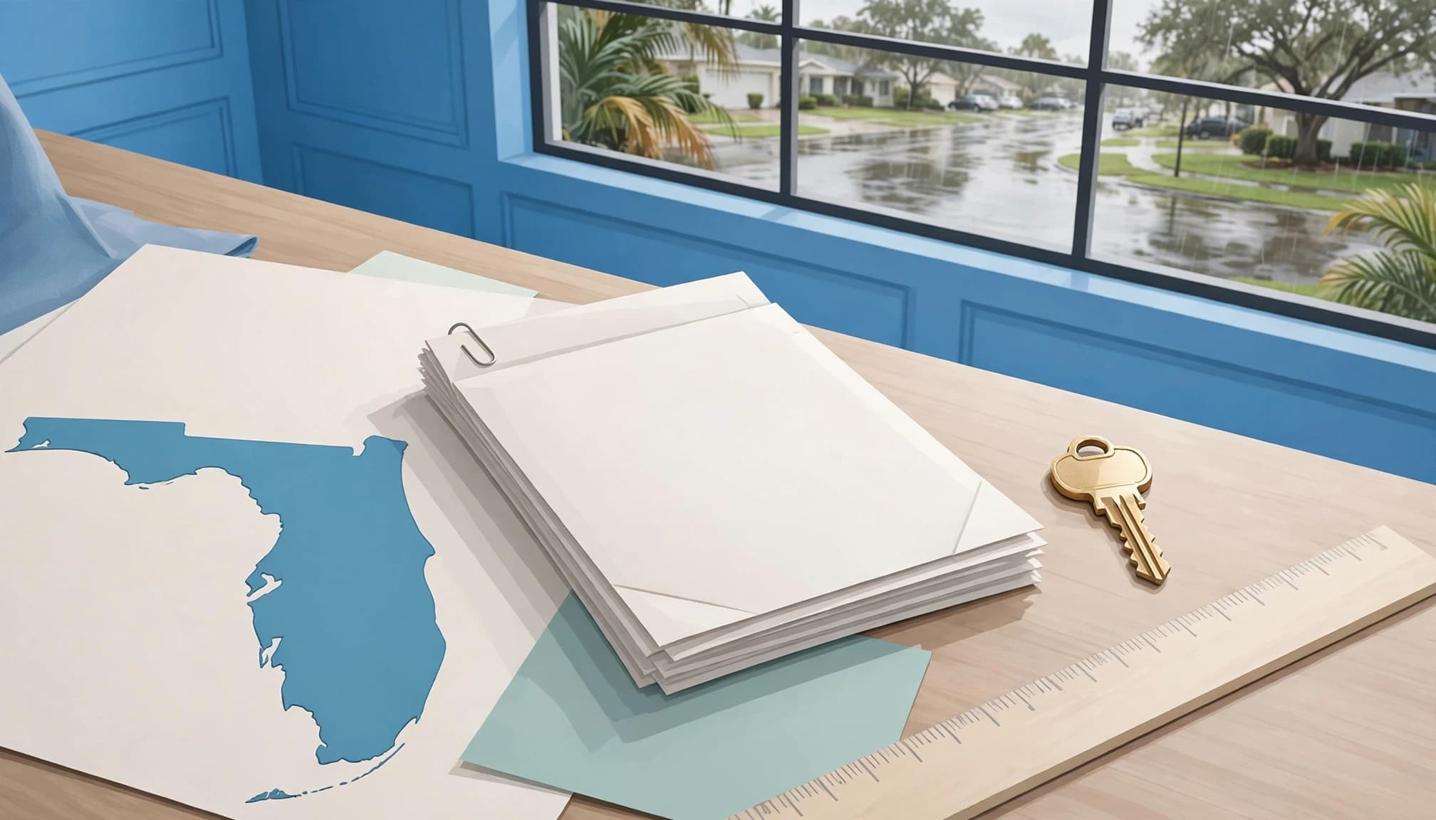 Florida flood disclosure lease packet with a Florida map and house key on an office desk.