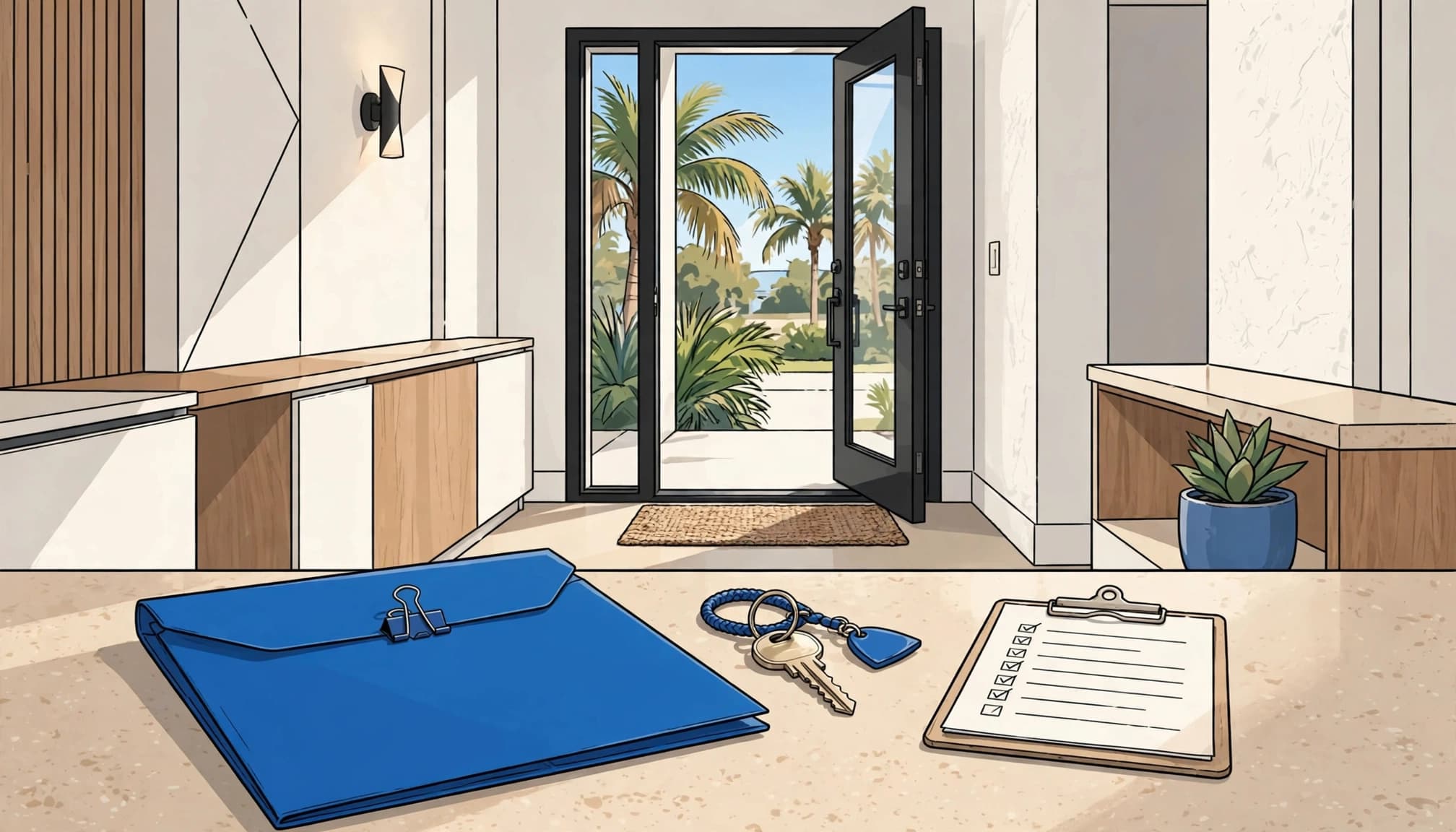 Florida lease renewal documents, a house key, and an inspection checklist arranged in a sunny entryway.