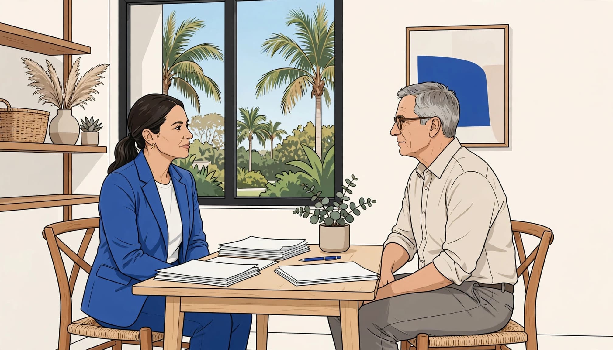 Florida lease renewal meeting between a landlord and property manager in a bright Florida home office.