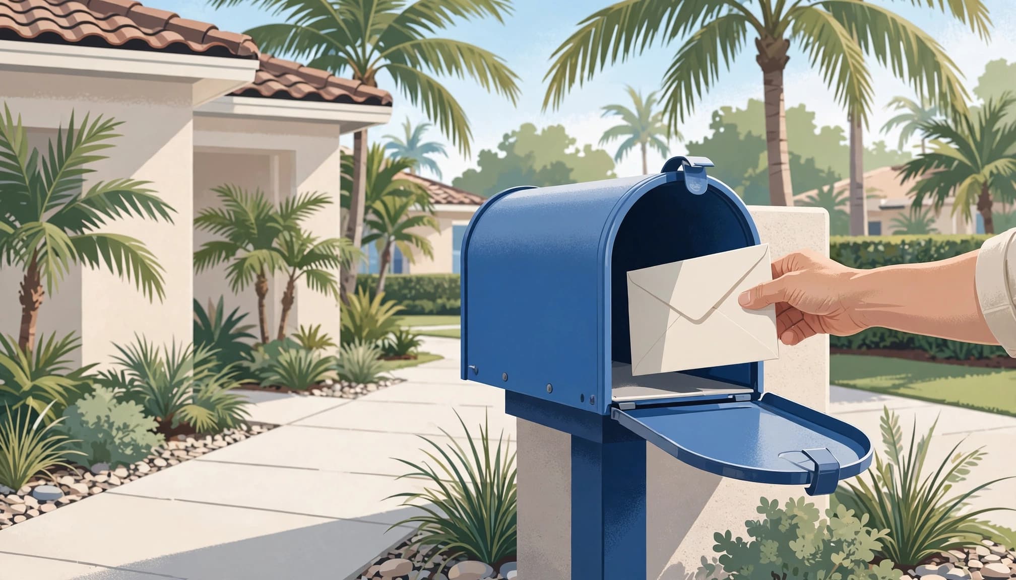 Florida rent increase notice delivered by envelope to a mailbox beside a rental home.