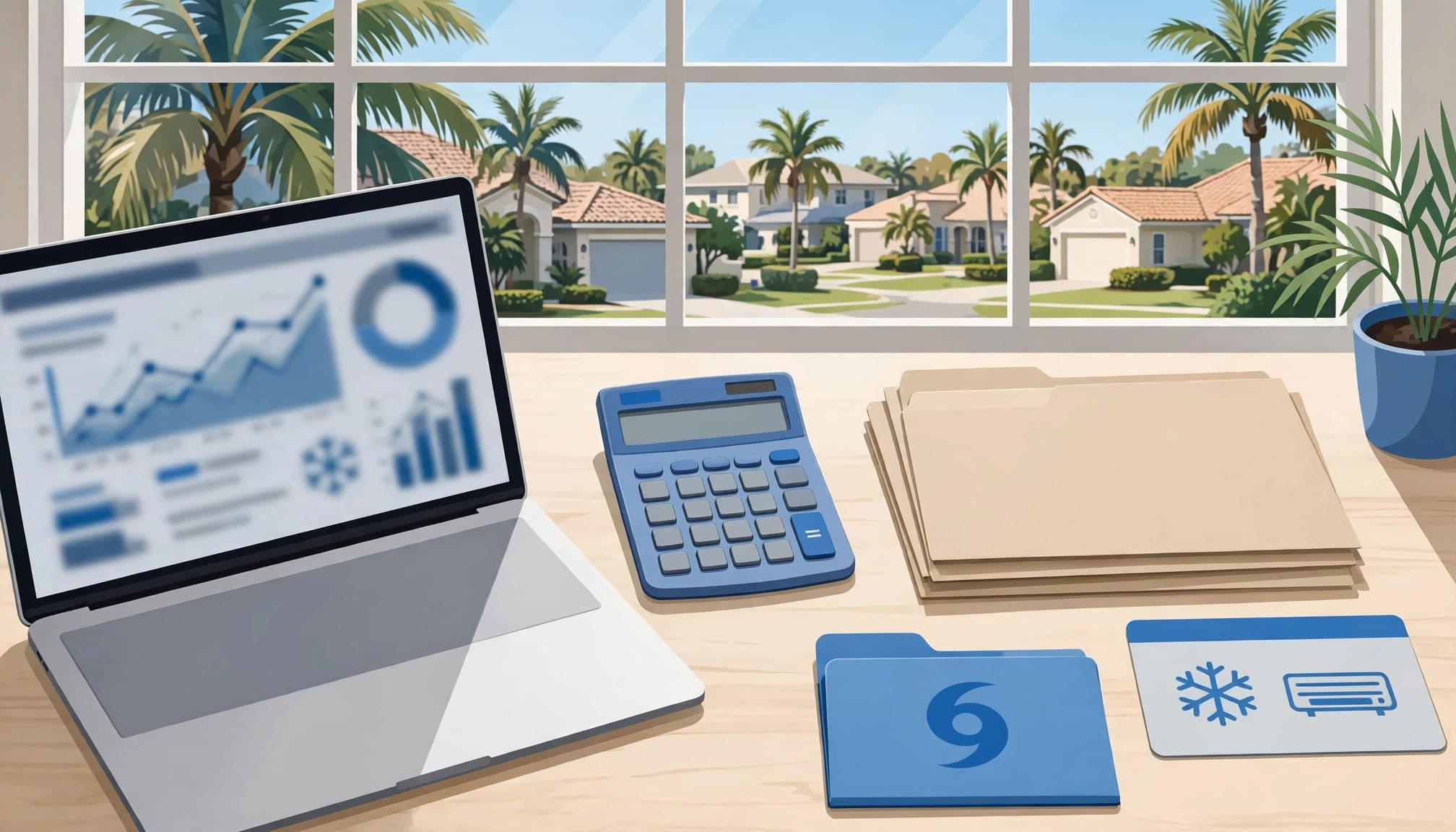 Florida rental maintenance budget workspace with a laptop, calculator, reserve folders, and a Florida neighborhood view.