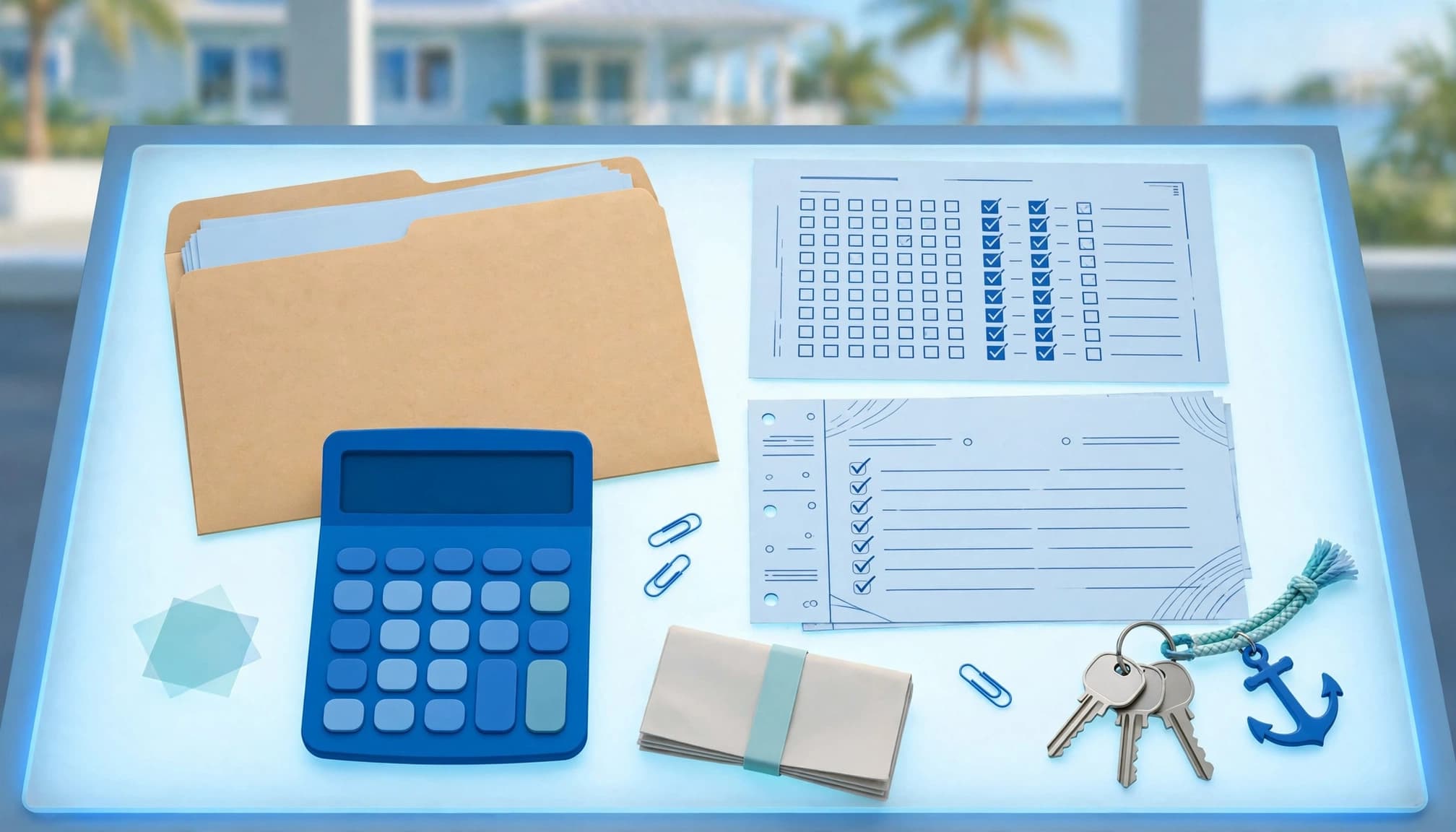Lease papers, a calculator, checklist, utility bill, and keys on a bright office table.