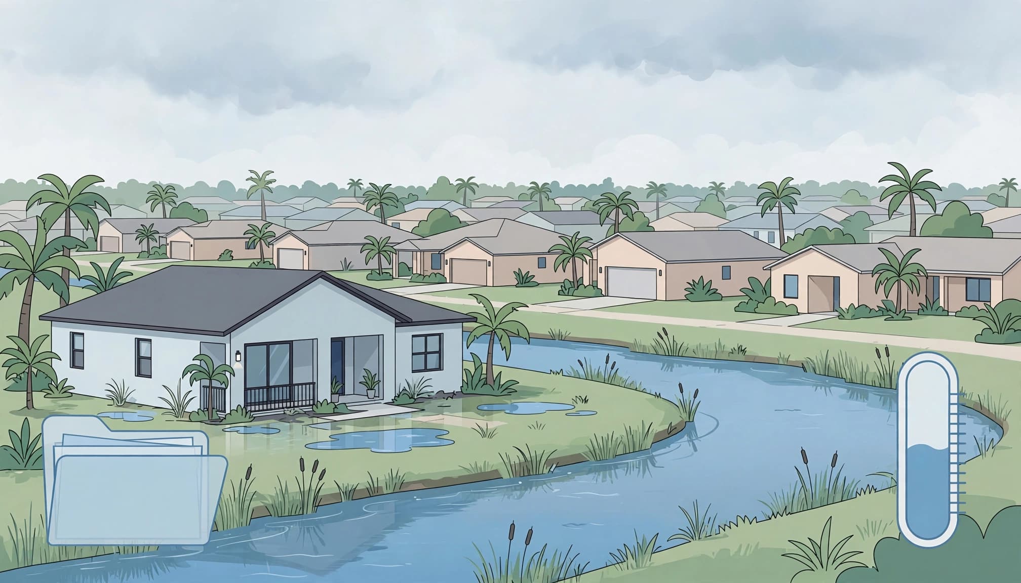 Florida flood disclosure illustration of a Southwest Florida rental home beside a drainage canal.