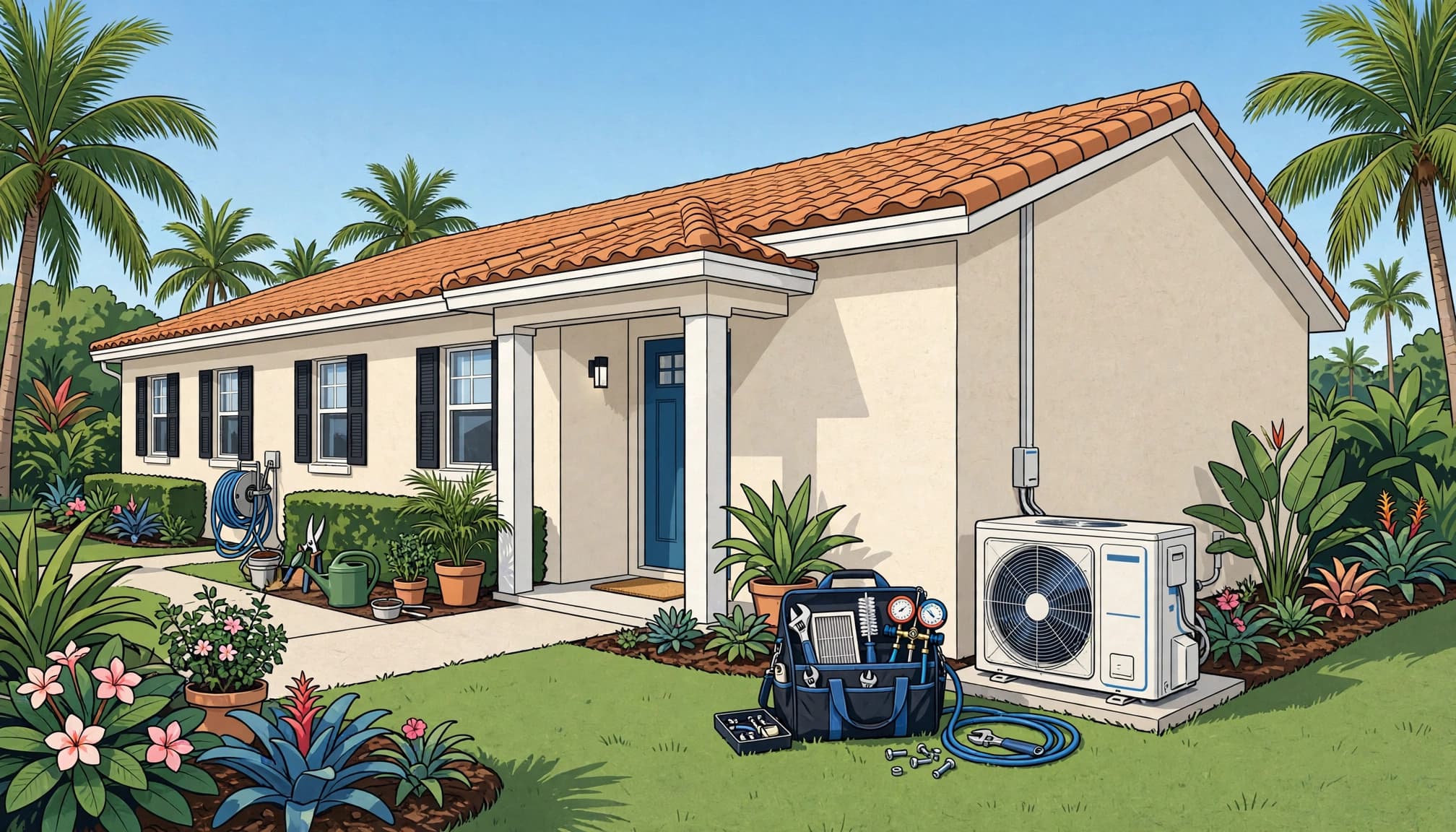 Florida rental lease clauses covering maintenance beside a repaired air conditioner at a rental home.