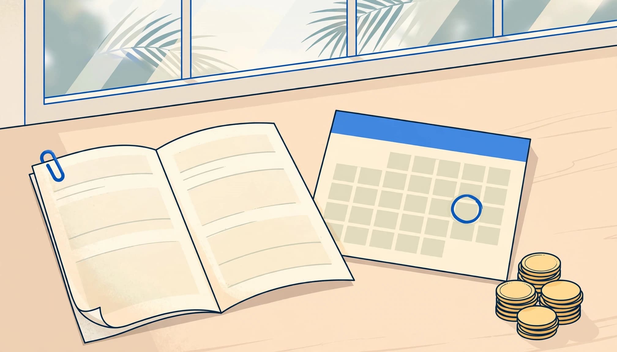 Florida landlord late fees illustrated by a blank lease, rent calendar, and coins in a rental home.