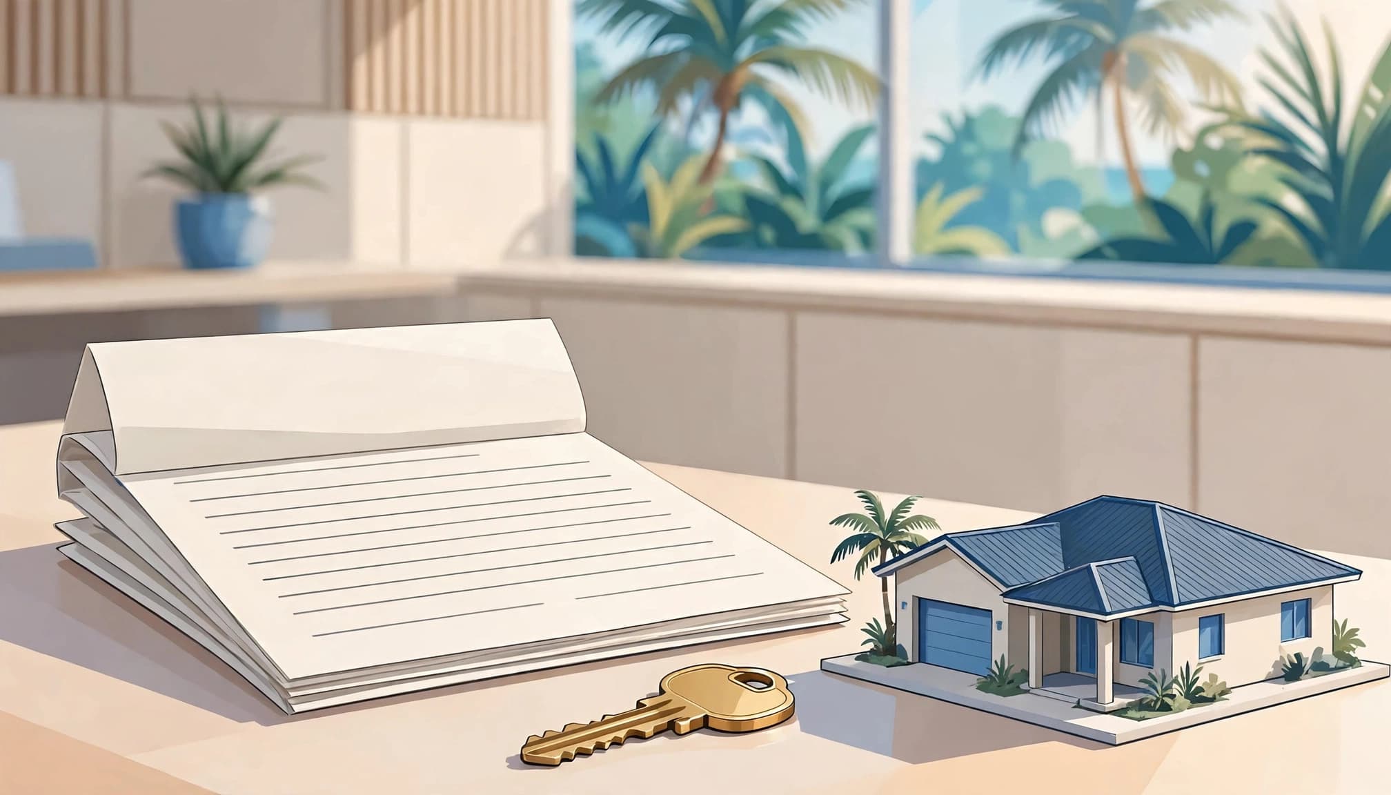 Florida rental lease clauses beside a house key and model rental home.