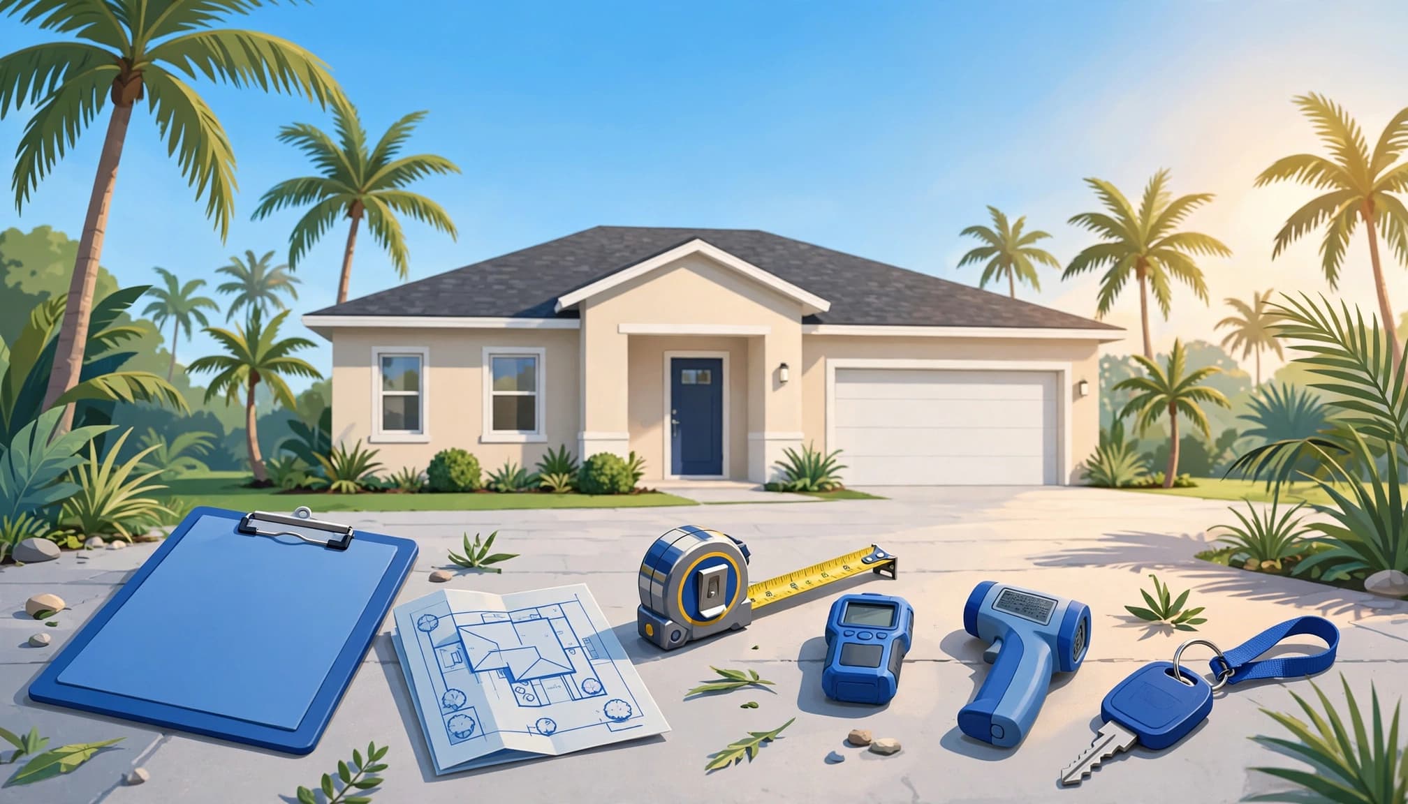 Inspection tools and a house key sit before a Florida rental home.