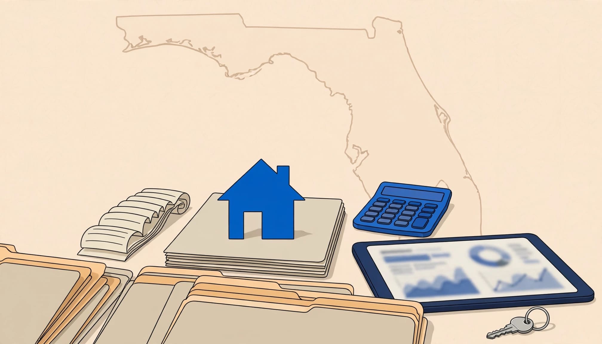 Folders, receipts, a calculator, key ring, and tablet arranged around a rental home icon.