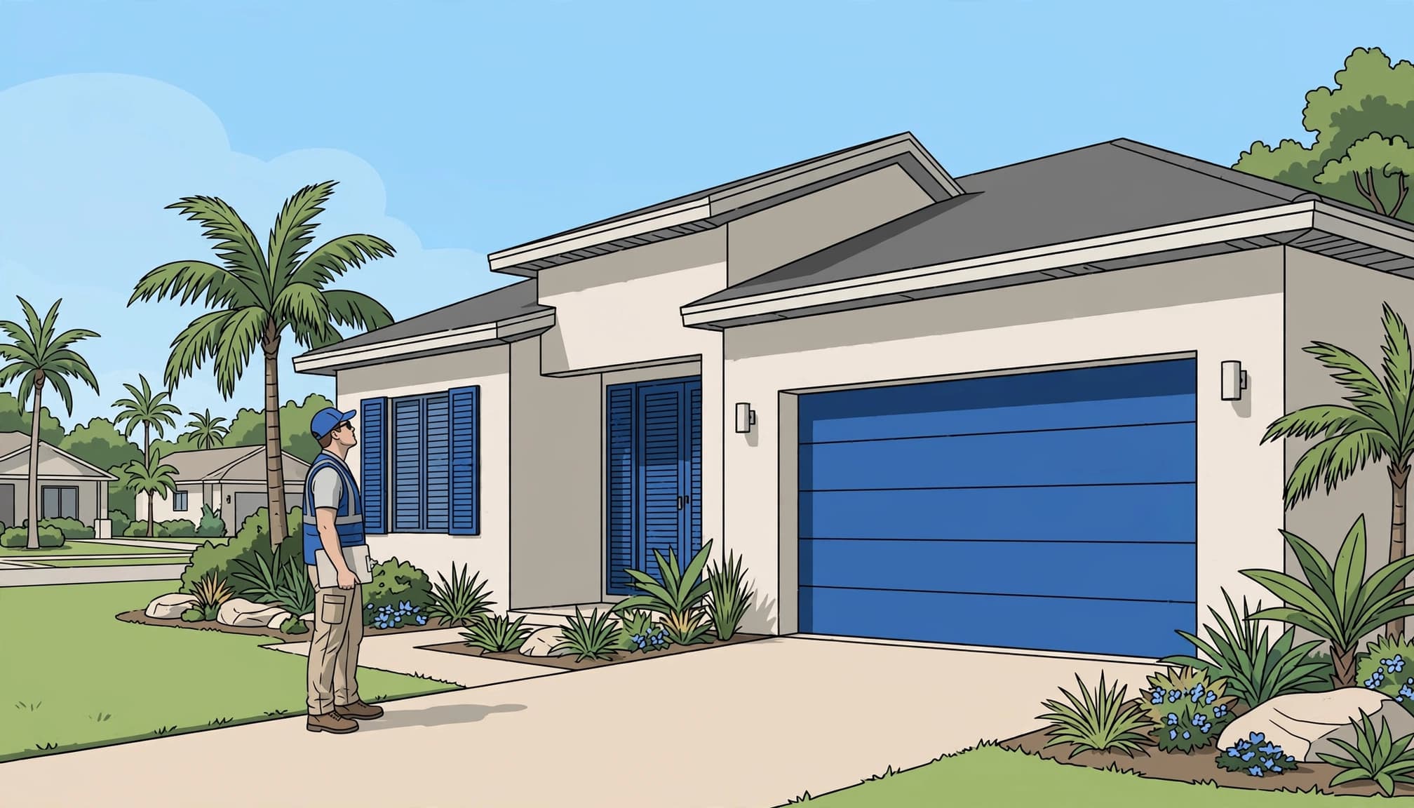 A wind mitigation credits inspection at a Florida rental home, with an inspector reviewing roof, shutters, and garage protection.