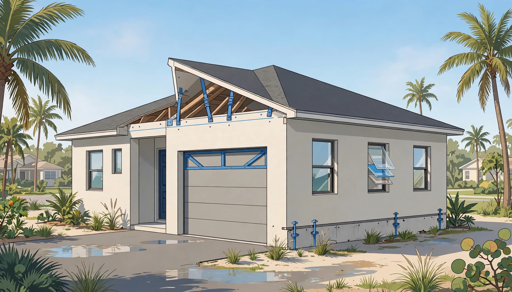 Wind mitigation credits for a Florida rental home with a hip roof, shutters, impact windows, and reinforced roof connections.