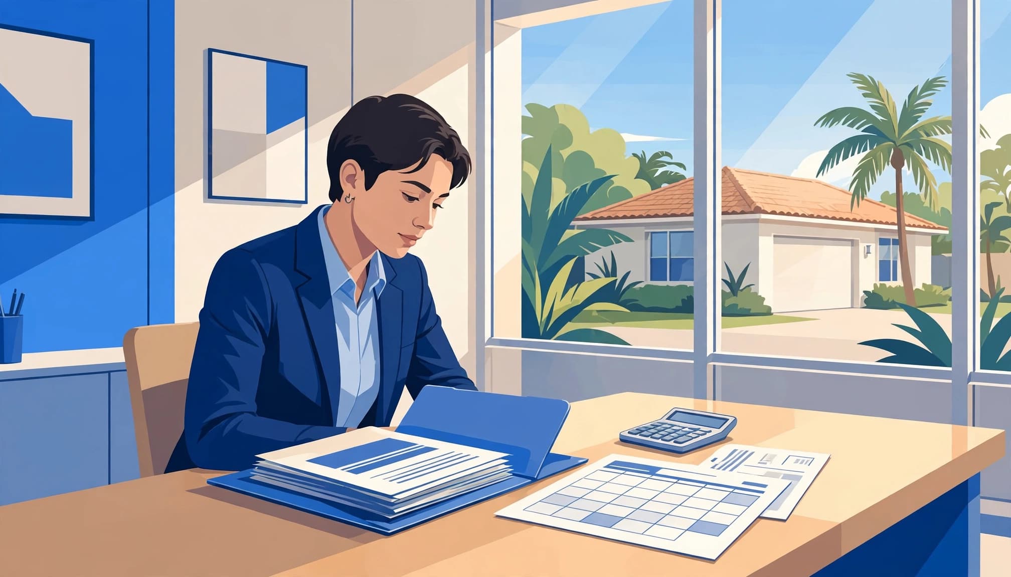 Florida rent increase notice review with rental papers, calculator, and Florida home.