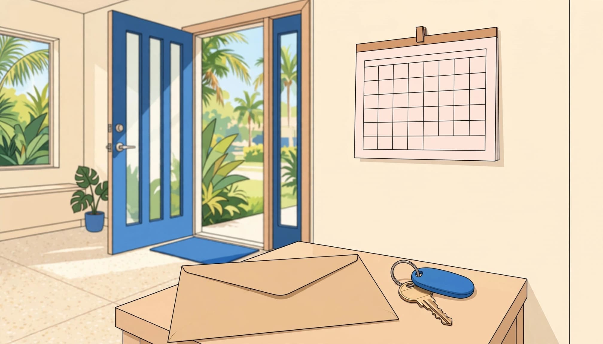 Florida landlord late fees and notice delivery illustrated by a sealed envelope and key in a home's entryway.