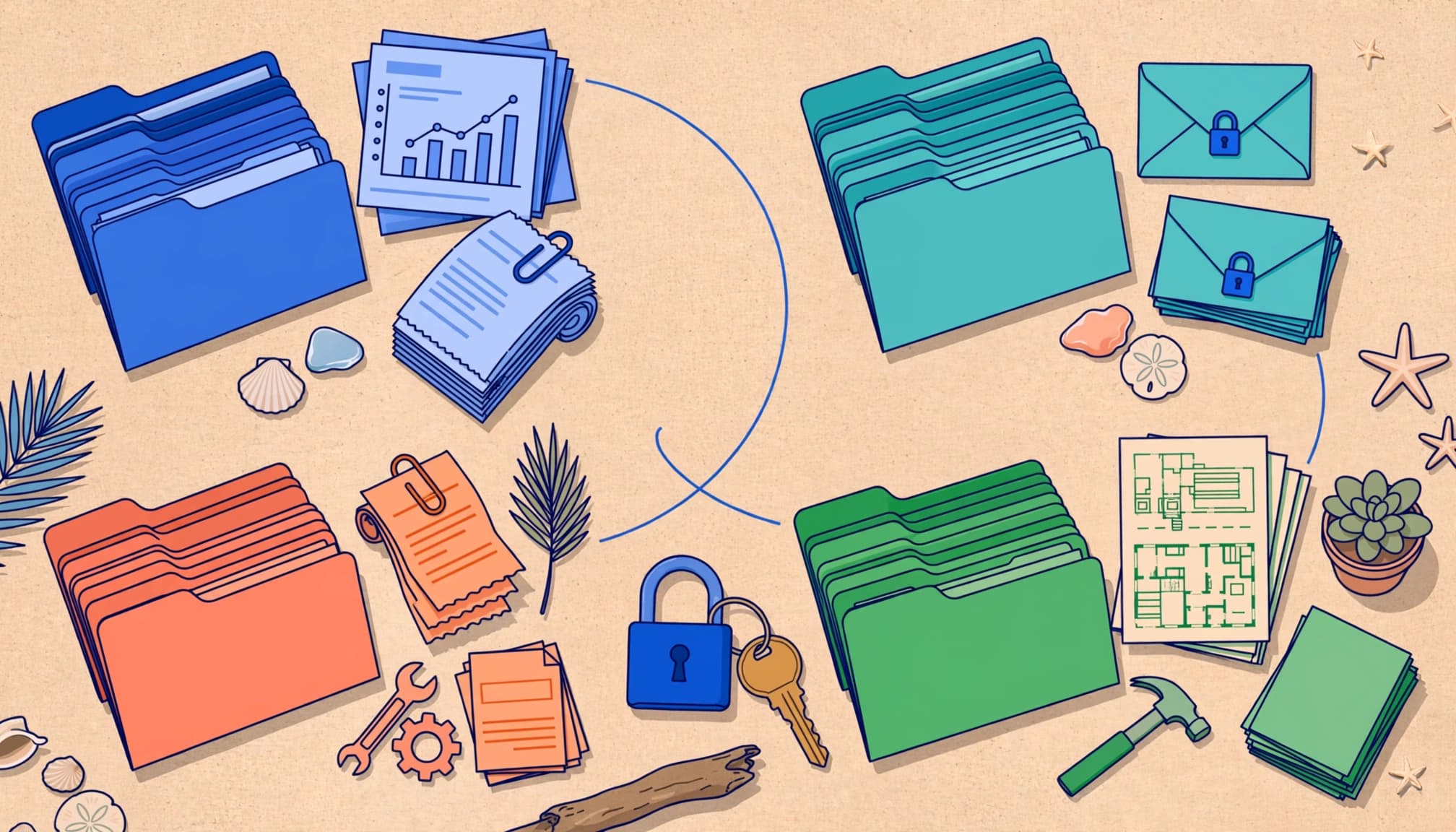 Color-coded folders, receipts, and a bank statement sit beside a lock and rental house key.