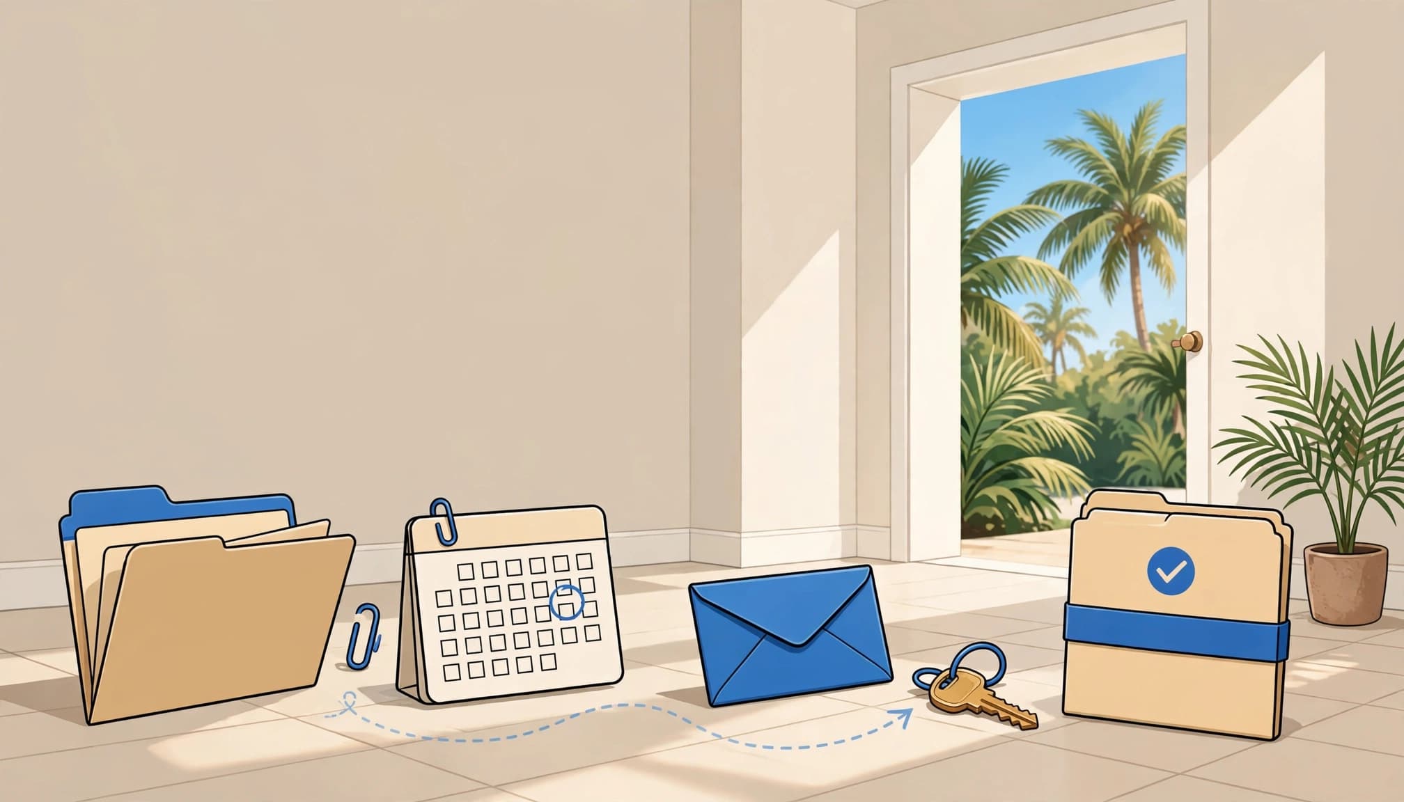 Florida lease renewal timeline with a calendar, envelope, key, and lease folders near a rental home entry.