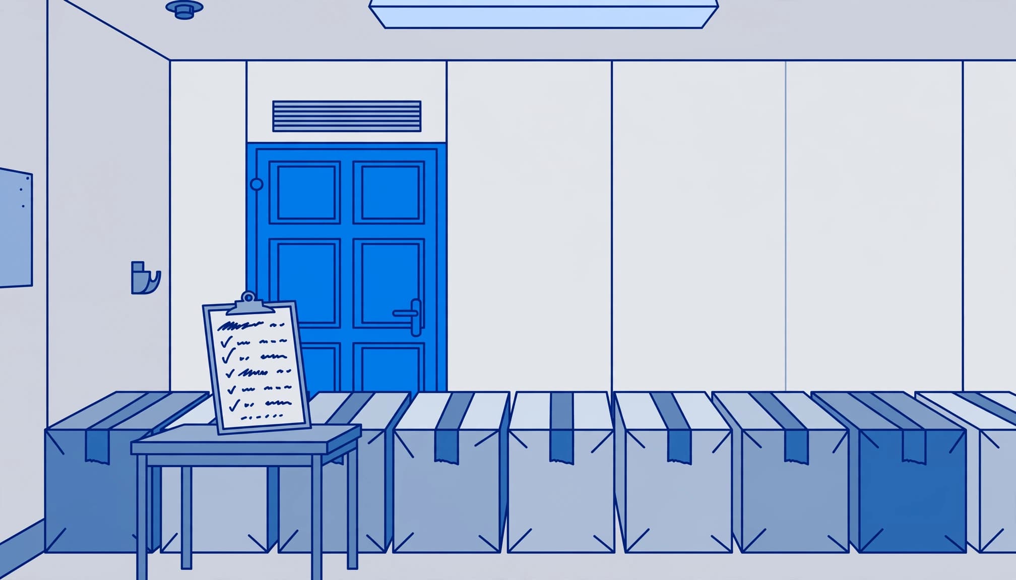 Florida tenant property organized in secure storage with boxes and an inventory clipboard