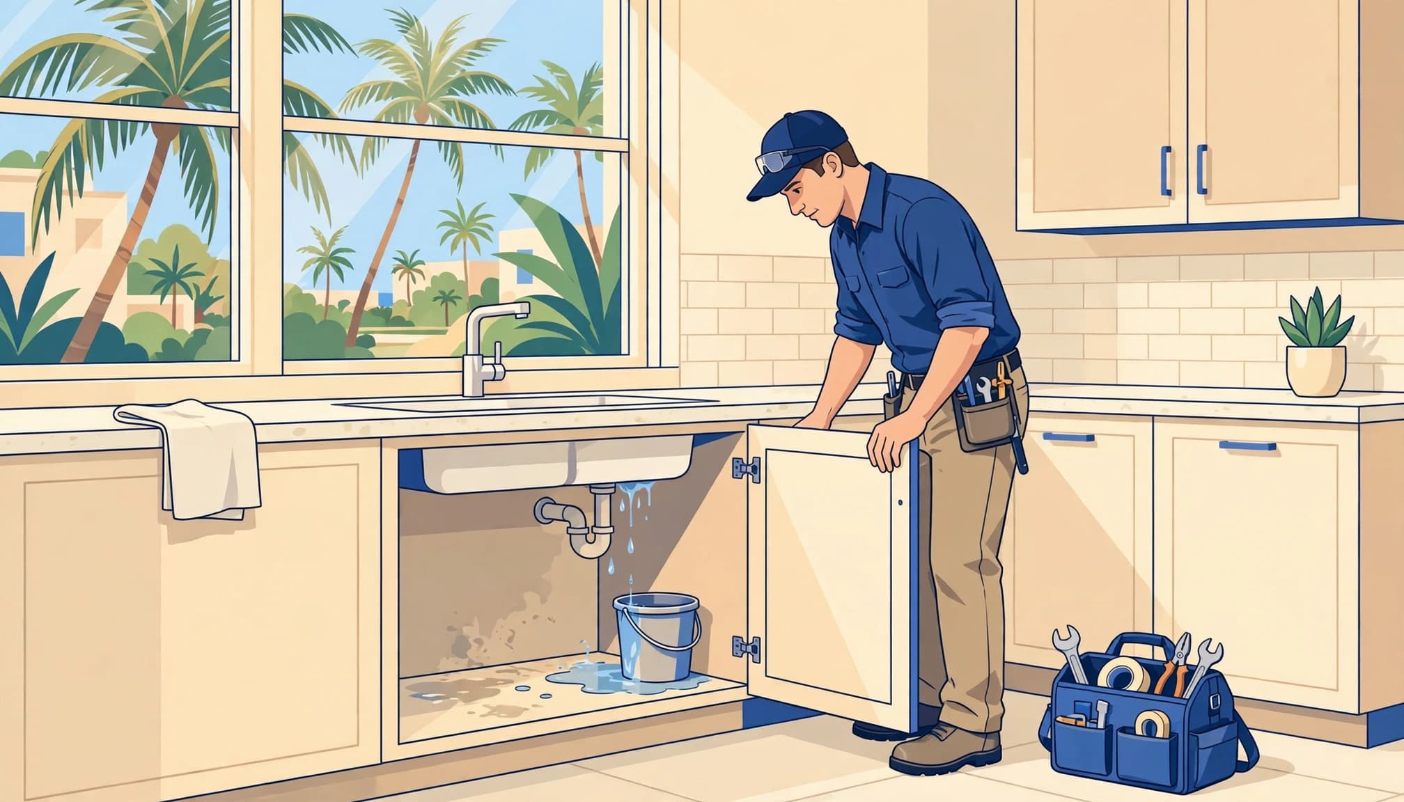 A technician assesses a water leak beneath a kitchen sink in a rental home.