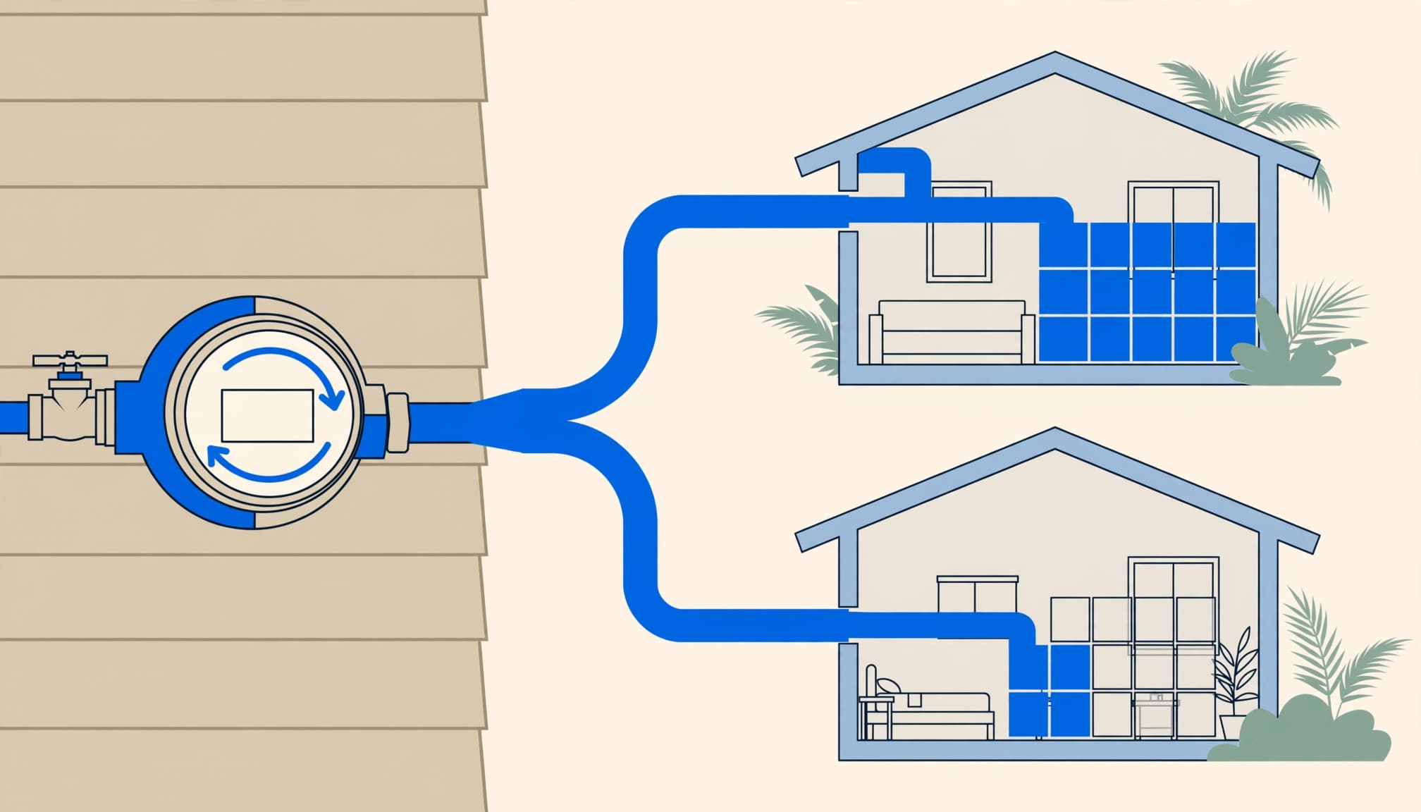 Florida landlord utility billing illustration showing a shared water meter serving two rental homes